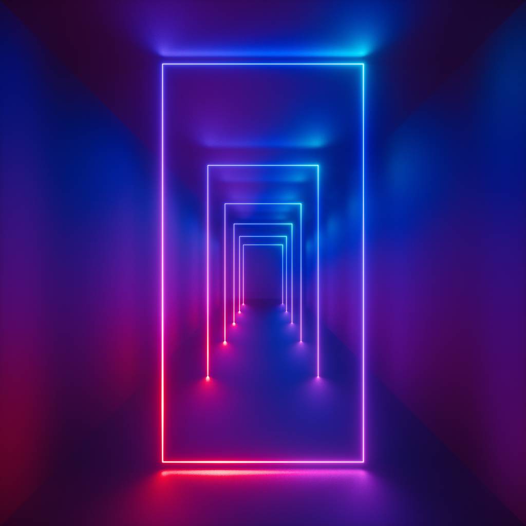 3d 渲染, 发光线, 隧道, 紫外线光谱, 粉红色的蓝色霓虹灯, 虚拟现实, 抽象背景, 方形门户, 竖拱, 粉红色蓝光谱鲜艳的颜色, 激光显示