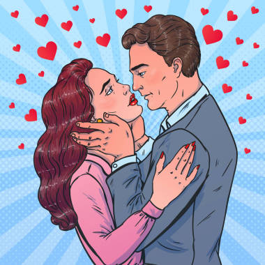 在流行藝術風格的情侶。男人和女人擁抱。初吻。矢量插圖。愛情主題