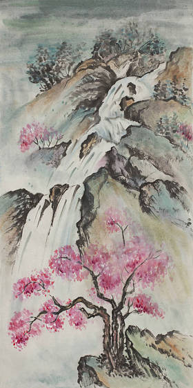 樱花与瀑布的山水景