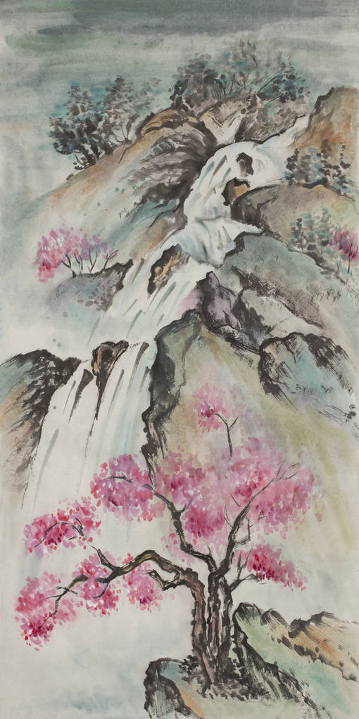 樱花与瀑布的山水景