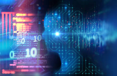 虛擬人的剪影在電路圖3d 例證, 代表人為技術