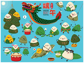 老式中国粽子卡通人物和龙舟集。端午节插图。(标题: 端午节, 第五天可能)