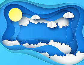 白色的纸在蓝天下切割云彩和太阳。现代3d 深纸艺术风格。cloudscape 的矢量插图, 阳光明媚的一天。粉彩色