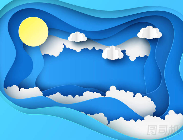 白色的紙在藍天下切割云彩和太陽。現(xiàn)代3d 深紙藝術(shù)風(fēng)格。cloudscape 的矢量插圖, 陽光明媚的一天。粉彩色