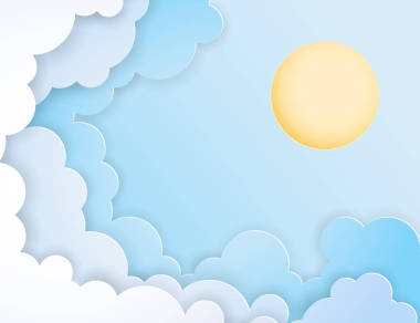 白色的纸在蓝天下切割云彩和太阳。现代3d 纸艺术风格。cloudscape 的矢量插图, 阳光明媚的一天。粉彩色
