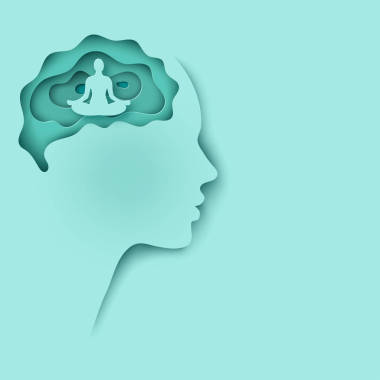 現(xiàn)代分層切出彩色紙人的輪廓與大腦和人坐在平靜的蓮花姿勢(shì)。放松、安寧和心理健康的概念。深紙藝術(shù)折紙風(fēng)格的粉彩色彩