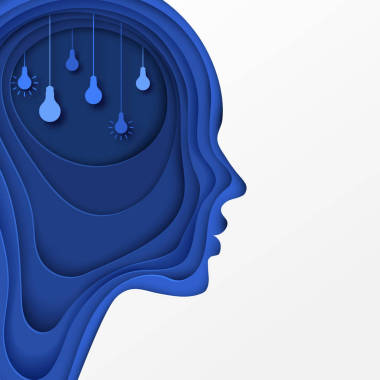 现代海报与分层削减彩色纸人的轮廓与灯泡。创意思维, 经营理念创新。深纸艺术折纸风