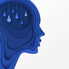 现代海报与分层削减彩色纸人的轮廓与灯泡。创意思维, 经营理念创新。深纸艺术折纸风