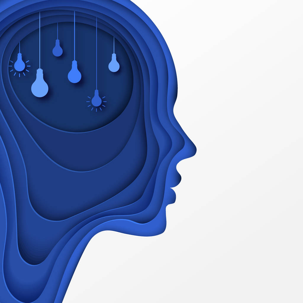 现代海报与分层削减彩色纸人的轮廓与灯泡。创意思维, 经营理念创新。深纸艺术折纸风 现代海报与分层削减彩色纸人的轮廓与灯泡。创意思维, 经营理念创新。深纸艺术折纸风