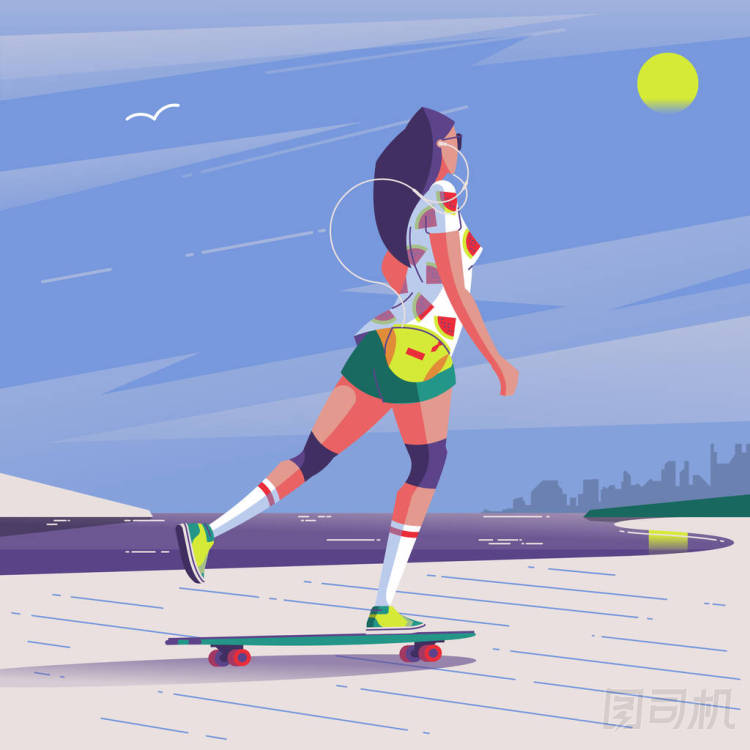 女孩騎著她的長板在海灘上, 矢量插圖