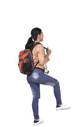 亚洲旅行妇女的后方看法与背包摆在白色背景下被隔绝