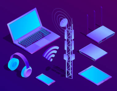 矢量3d 等距筆記本電腦, 帶有 wi-fi 的路由器