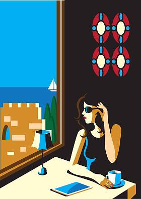 创意概念向量。一个女人坐在餐馆里喝咖啡