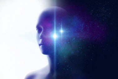 虛擬人與星云宇宙的剪影3d 例證, 代表科學(xué)概念