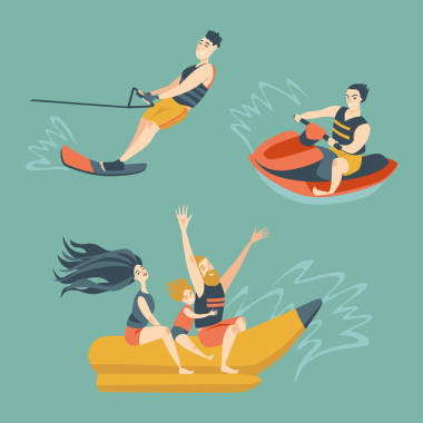 集夏季水活動。香蕉船, 水自行車, 滑水?？ㄍL(fēng)格中的矢量插畫