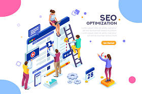 概念性网页 seo 插图。登陆网页的时尚网站。团队合作项目, 网络代理或男青年员工和新公司项目。网页横幅贴纸。平面等距向量图像