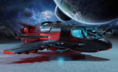 黑色 mettalic 未来航天器在行星背景3d 渲染元素的这幅图片由 Nasa 提供
