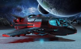 黑色 mettalic 未来航天器在行星背景3d 渲染元素的这幅图片由 Nasa 提供