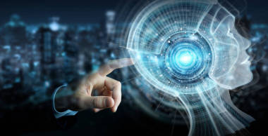 在模糊背景下的商人使用數(shù)字人工智能接口3d 渲染