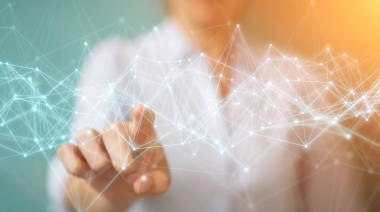 女實業(yè)家在模糊背景下使用飛行網(wǎng)絡(luò)連接3d 渲染