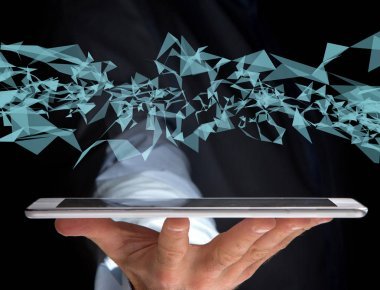 抽象三角形在一個帶有線和點-未來派的界面上顯示的視圖技術和連接概念