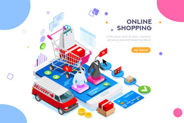 网站订购的移动服装应用程序. 编辑和轻松自定义独立的着陆页, 购买或运输购物车模板。图表, 图片为网页横幅。平面等距向量图