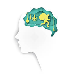 分层纸切出彩色纸人的个人资料与大脑, 灯泡和男子窃取的想法。盗窃观念、知识产权、著作权的概念。折纸纸艺术风