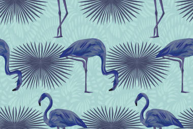 奇异鸟抽象色蓝火烈鸟热带构图无缝图案。矢量夏日秋季插画