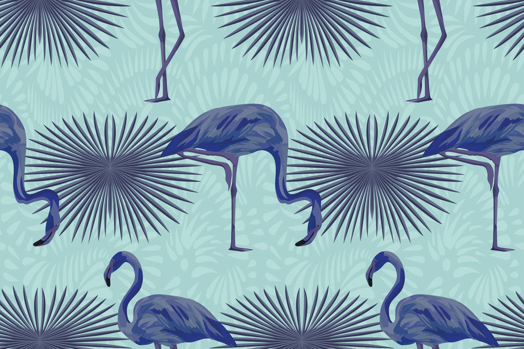 奇异鸟抽象色蓝火烈鸟热带构图无缝图案。矢量夏日秋季插画 奇异鸟抽象色蓝火烈鸟热带构图无缝图案。矢量夏日秋季插画