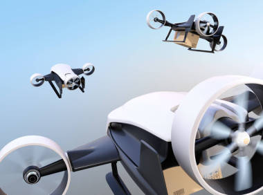 白色 Vtol 無人機的后方視圖運載運載包裹在天空飛行。3d 渲染圖像