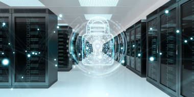 激活服務(wù)器房間數(shù)據(jù)中心 3d 渲染的白色和藍(lán)色的防火墻