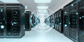 激活服务器房间数据中心 3d 渲染的白色和蓝色的防火墙