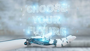 白色的機(jī)器人手在模糊的背景使用未來的決策文本接口3d 渲染