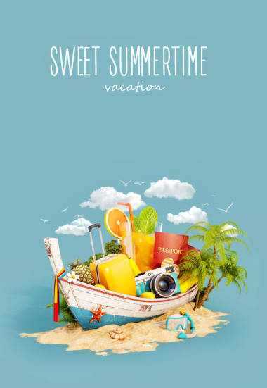 美丽的泰国船与手提箱, 护照和相机里面的沙子。不寻常的3d 插图。旅行和度假概念