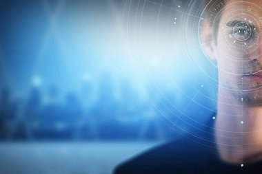 人的肖像與抽象的眼睛顯像界面在模糊的夜間內(nèi)部背景與復(fù)制空間。技術(shù)和生物特征識(shí)別概念。雙重曝光