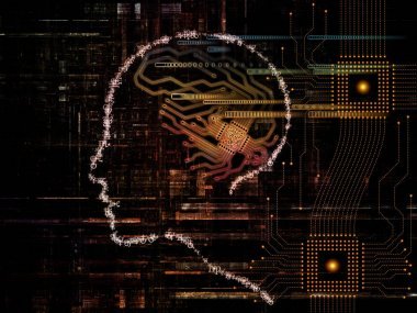 Cpu 情懷系列。人臉的輪廓和技術(shù)符號(hào)關(guān)于計(jì)算機(jī)科學(xué)、 人工智能和通信主題的背景設(shè)計(jì)