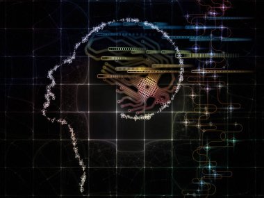 Cpu 情懷系列。人臉的輪廓和技術(shù)符號(hào)關(guān)于計(jì)算機(jī)科學(xué)、 人工智能和通信主題的背景設(shè)計(jì)