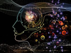 数字的情怀系列。人类的脸和技术符号轮廓作为主题的计算机科学、 人工智能和通信的概念隐喻的创意安排