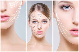 人脸在拼贴画。整形外科、医学、水疗及面部提升概念收集的年轻健康女性