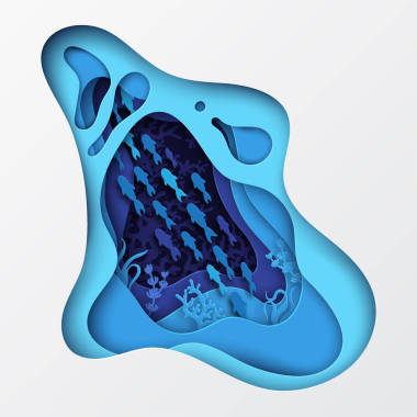 水下海底洞穴有鱼类、珊瑚礁、海底藻类、波浪。剪纸深型矢量。深蓝色海洋生物, 潜水理念。海洋野生动物