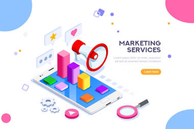 代理和数字营销理念。网络社交媒体。可用于网页横幅, 图表, 英雄图像。在白色背景上隔离的平面等距向量图