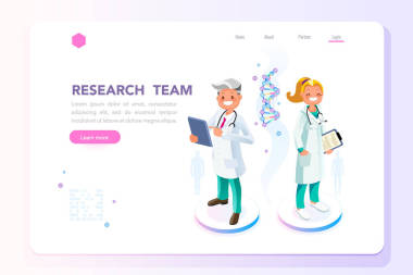 研究、科技理念。科學(xué)家的角色站在一起?？捎糜诰W(wǎng)頁橫幅, 圖表, 英雄圖像。平面等距人向量圖
