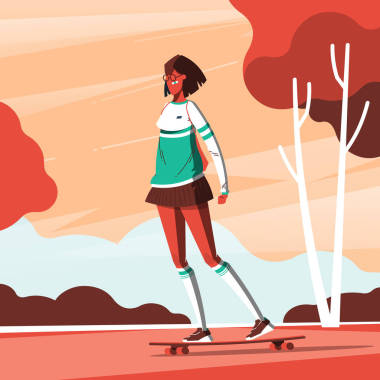 女孩白天在镇上滑冰照片