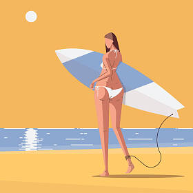 在海滩的女孩的后方看法与板