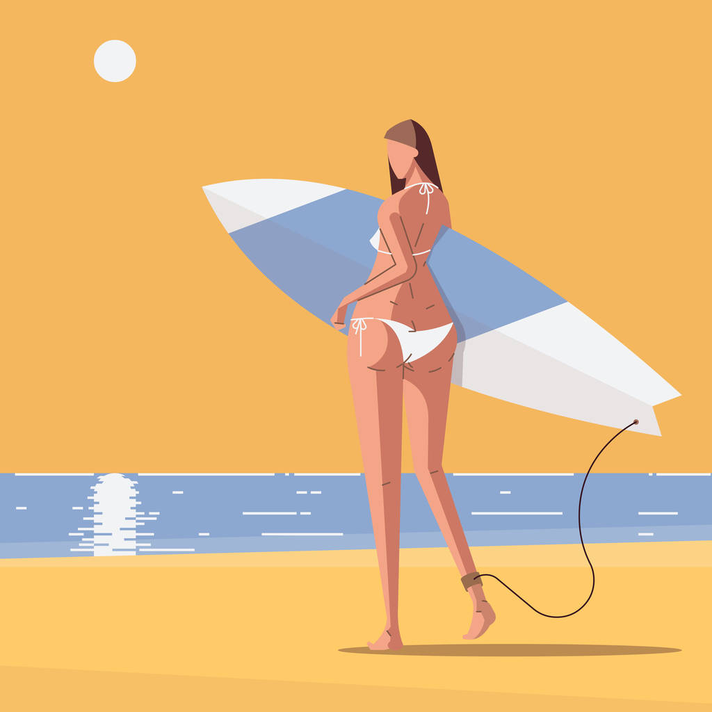 在海滩的女孩的后方看法与板