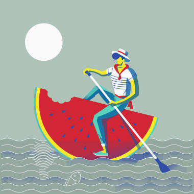 男子游泳坐在红色的西瓜图片