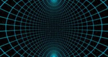 虛擬空曲線空間的線框在黑色背景上有星星的現(xiàn)實(shí)房間, 3d 插圖