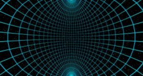 虚拟空曲线空间的线框在黑色背景上有星星的现实房间, 3d 插图