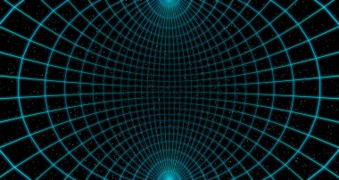 虚拟空曲线空间的线框在黑色背景上有星星的现实房间, 3d 插图