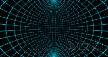 虛擬空曲線空間的線框在黑色背景上有星星的現(xiàn)實房間, 3d 插圖